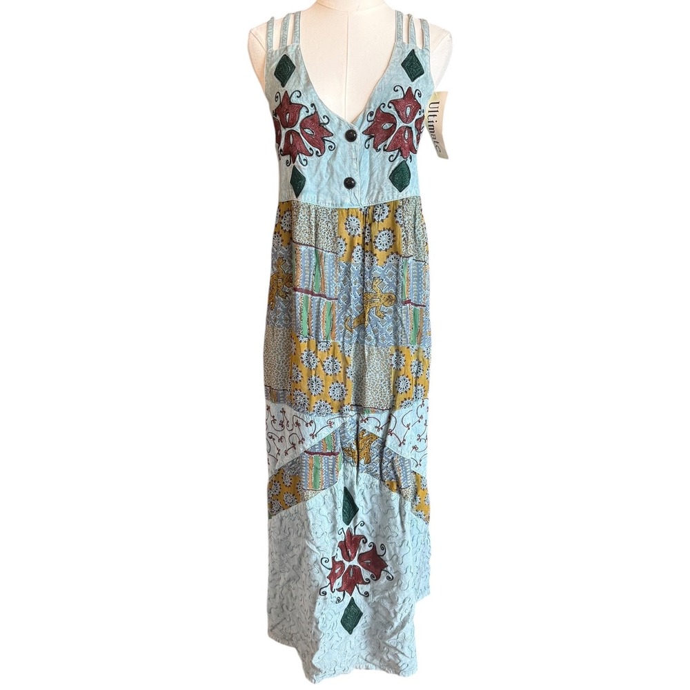 Ultimate Boho Patchwork Embroidered Maxi Dress Blue Floral Sleeveless XL NWT